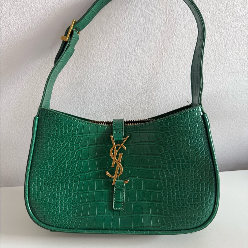 Green Croc-Embossed Shoulder Bag